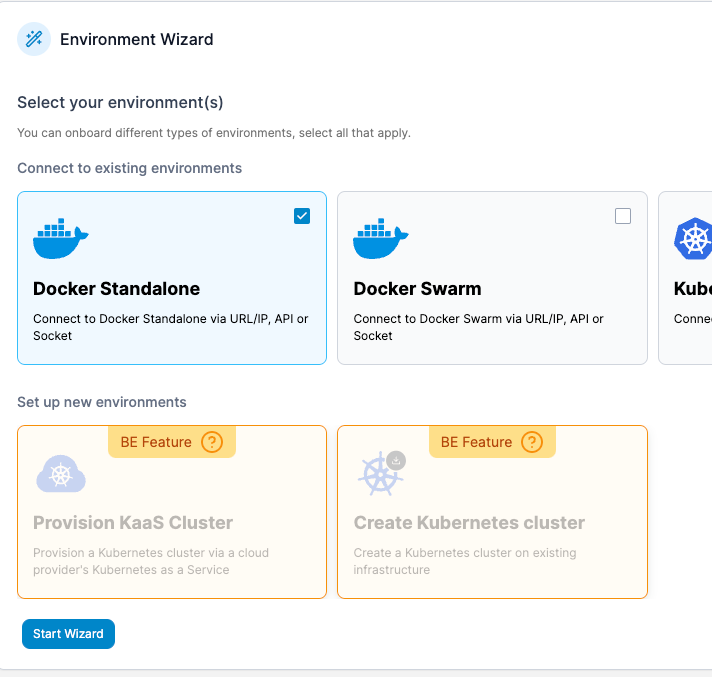 environment wizard docker standalone
